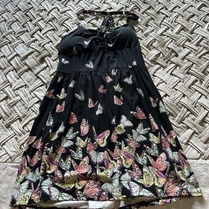 NOBU midi dress with butterfly pattern and crocheted lace detail on back Size M